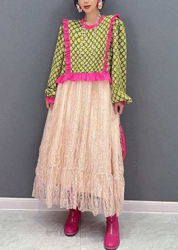 Art Green O-neck Ruffled Patchwork Tulle Maxi Dresses Spring