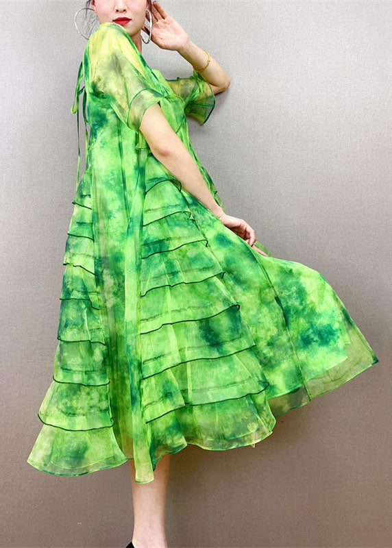 Art Green O-neck Ruffled Patchwork Tulle Mid Dress Summer