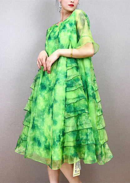 Art Green O-neck Ruffled Patchwork Tulle Mid Dress Summer