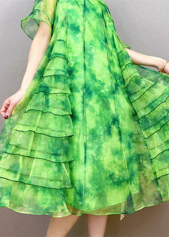 Art Green O-neck Ruffled Patchwork Tulle Mid Dress Summer