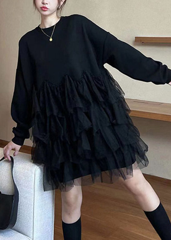 Art Green O-neck Tulle Patchwork a Line Mid Dress Fall