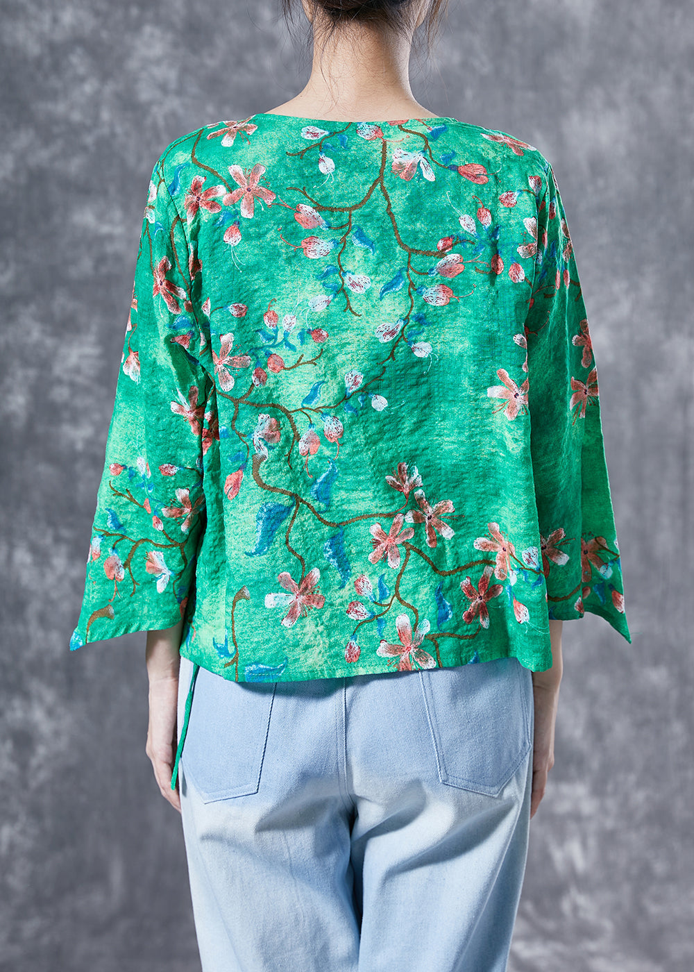 Art Green Oversized Print Cotton Top Bracelet Sleeve