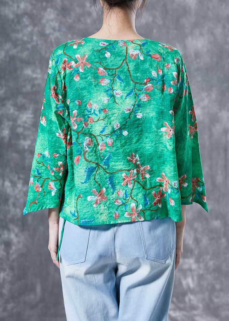 Art Green Oversized Print Cotton Top Bracelet Sleeve