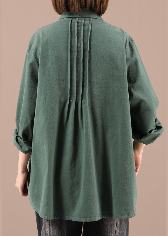 Art Green Peterpan Collar Button Pockets Fall Patchwork Shirts Long Sleeve