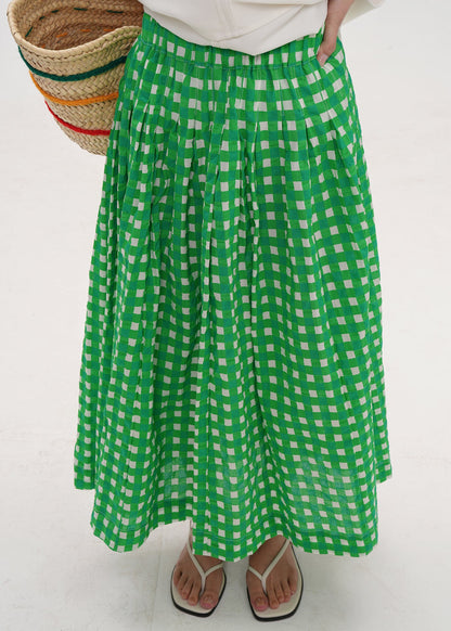 Art Green Plaid Elastic Waist Cotton a Line Skirts Summer
