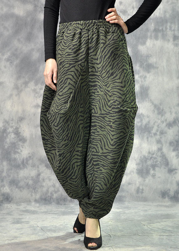 Art Green Pockets Print Lantern Thick Fall Winter Pants