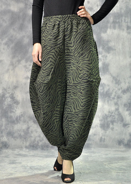 Art Green Pockets Print Lantern Thick Fall Winter Pants