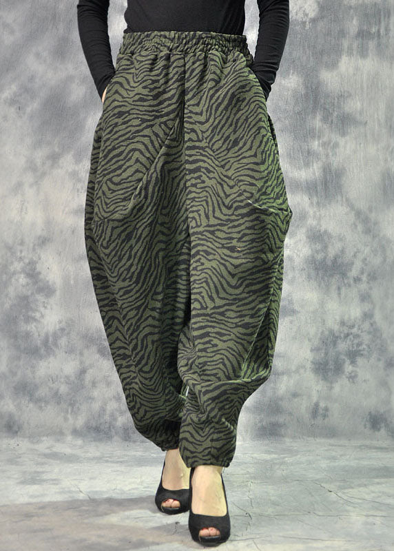 Art Green Pockets Print Lantern Thick Fall Winter Pants