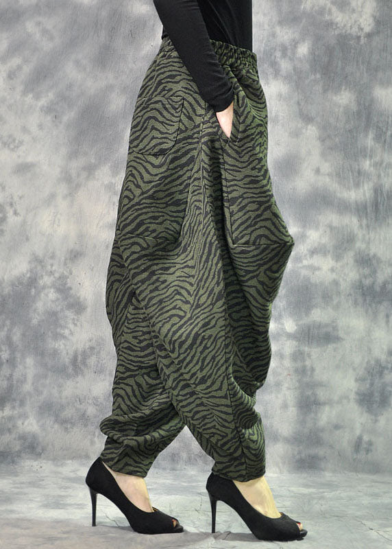 Art Green Pockets Print Lantern Thick Fall Winter Pants