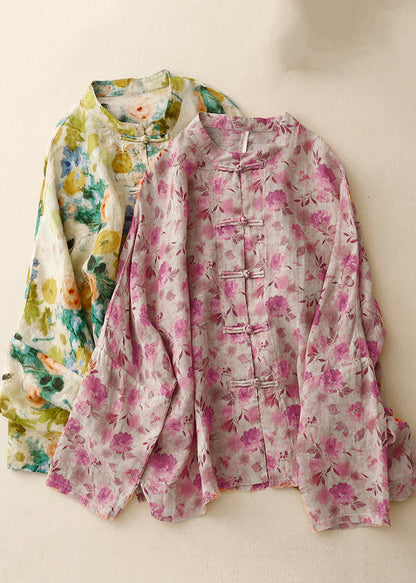 Art Green Print Chinese Button Linen Shirts Spring