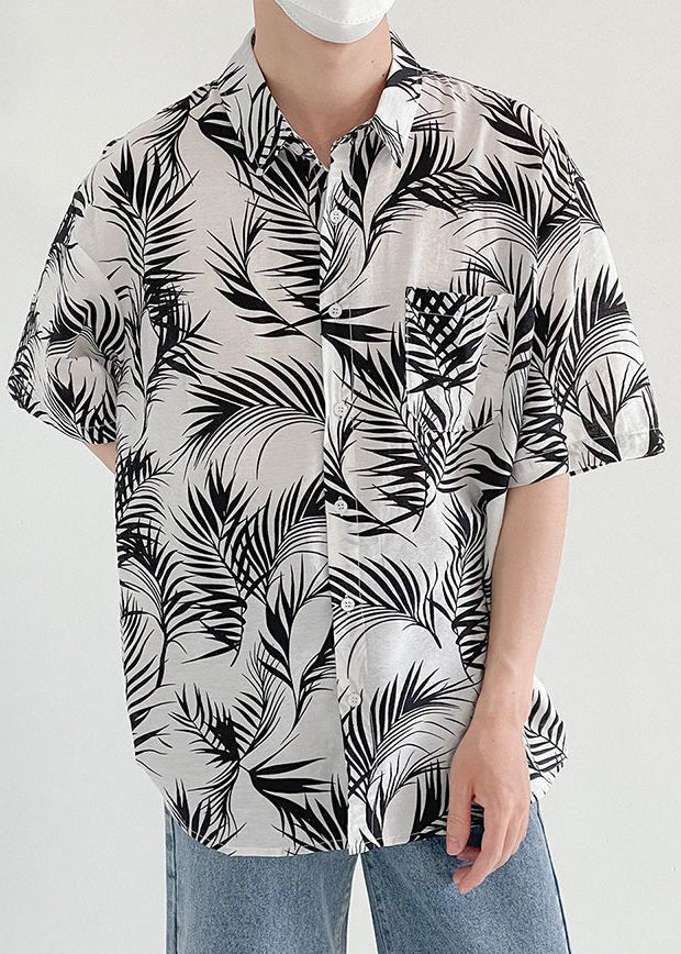 Art Green Print Pockets Cotton Shirt Summer
