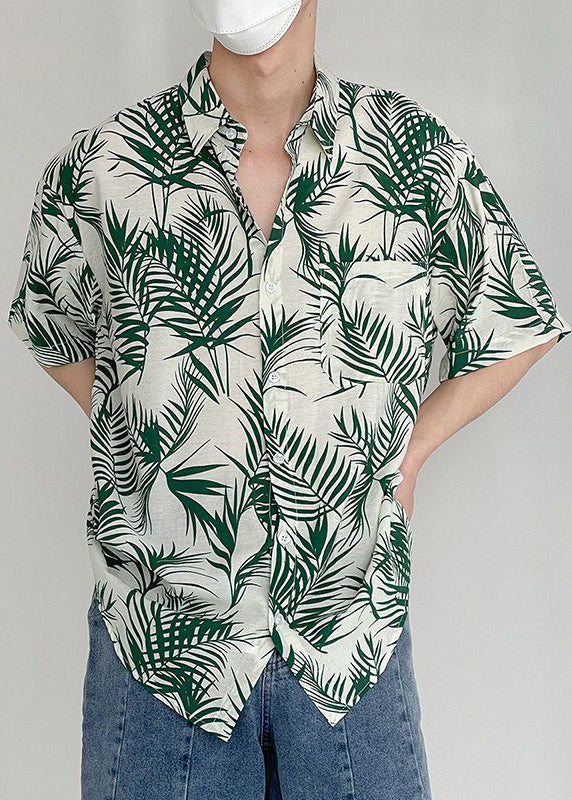 Art Green Print Pockets Cotton Shirt Summer
