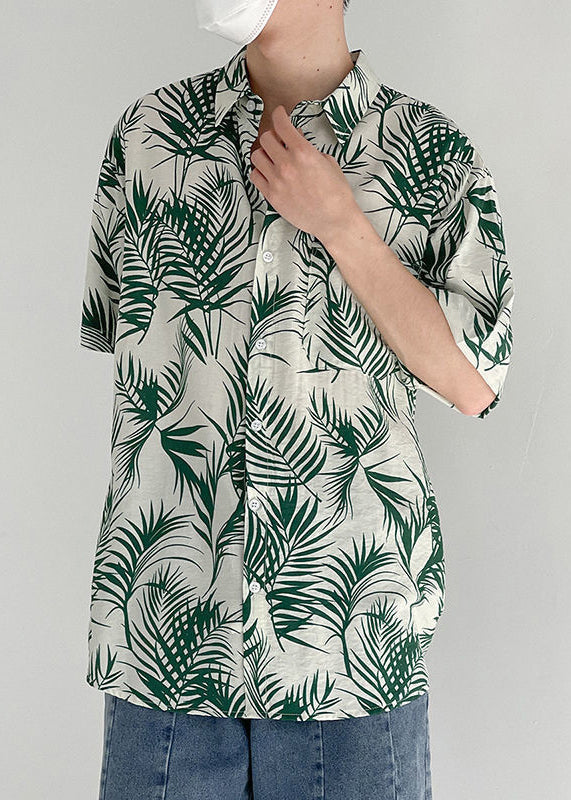 Art Green Print Pockets Cotton Shirt Summer