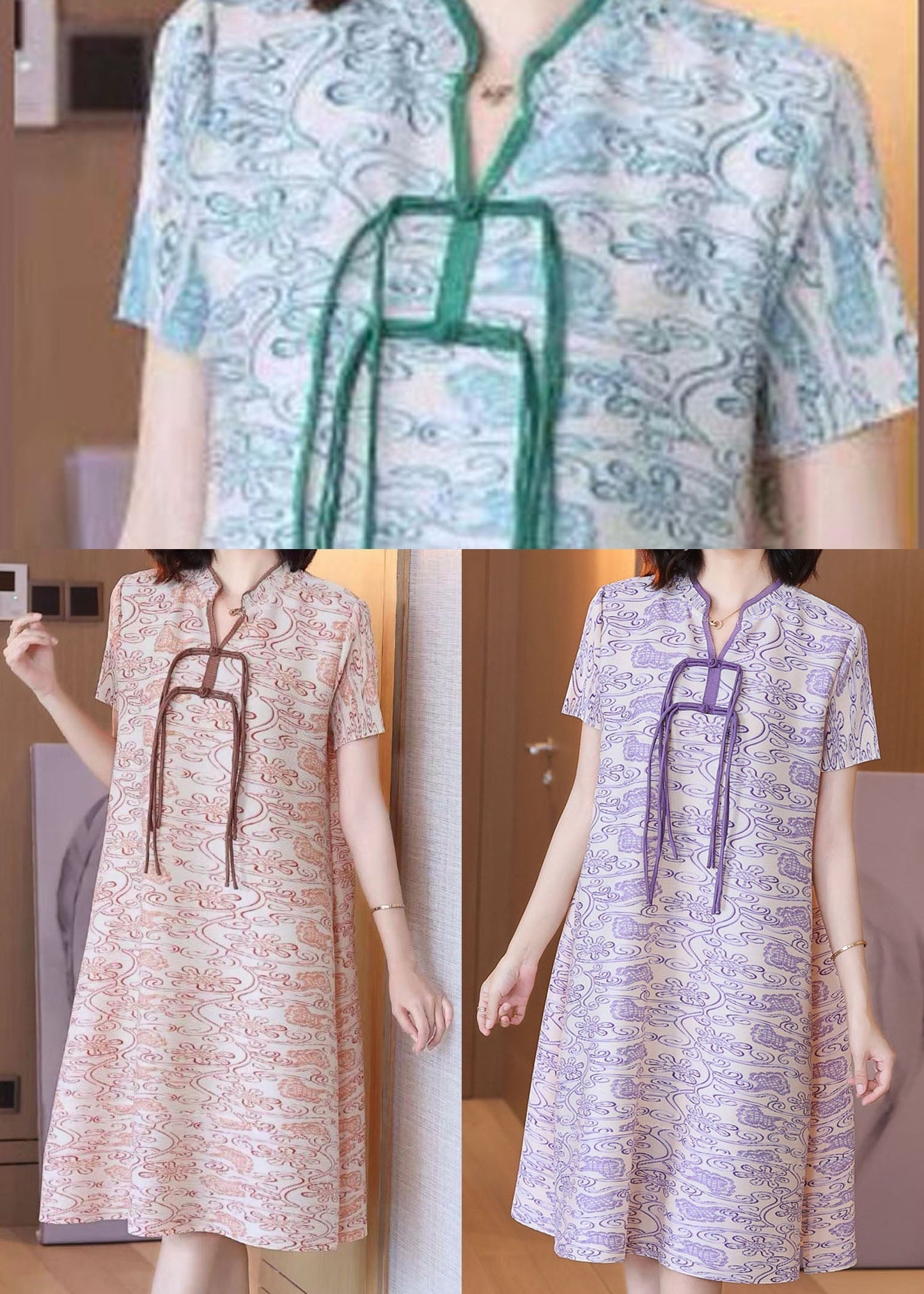 Art Green Print Stand Collar Silk Holiday Dress Short Sleeve