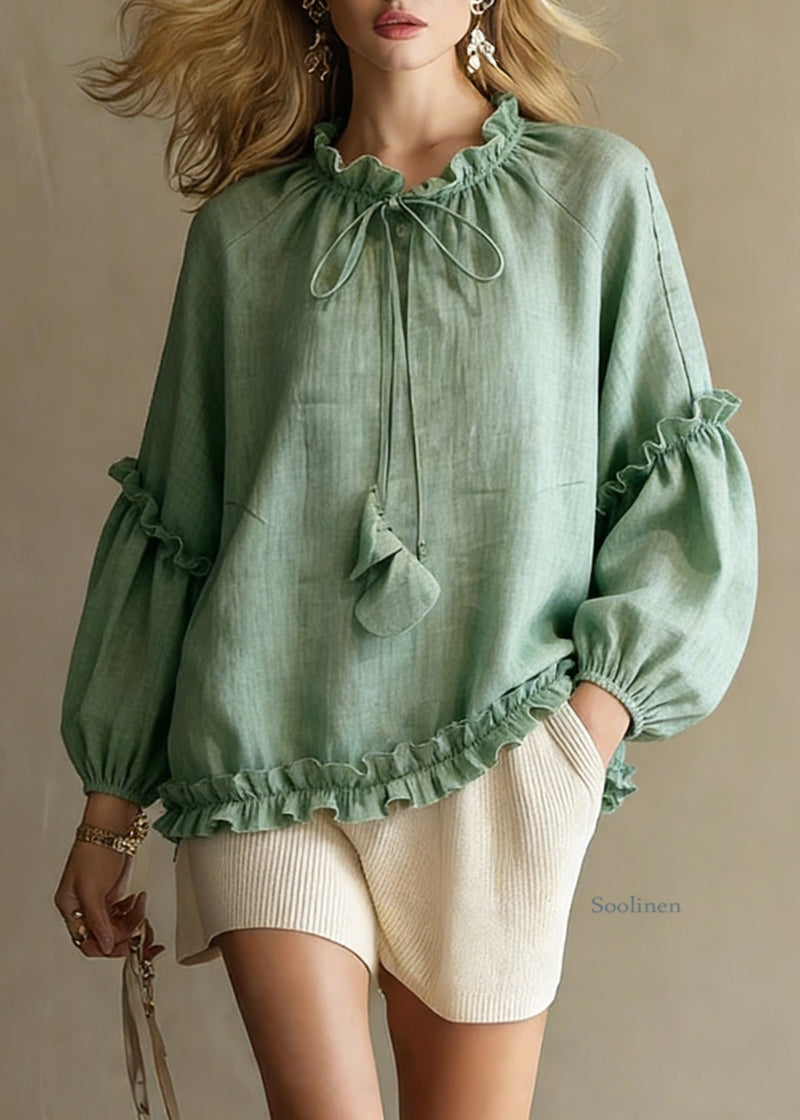 Art Green Ruffled Lace Up Cotton Shirts Spring