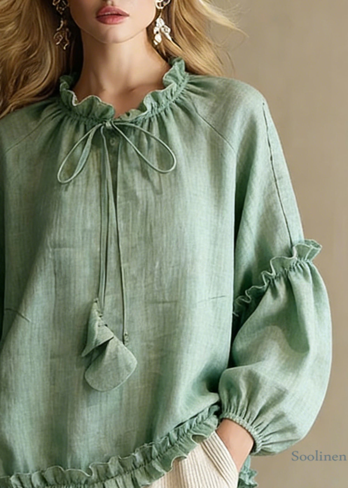 Art Green Ruffled Lace Up Cotton Shirts Spring