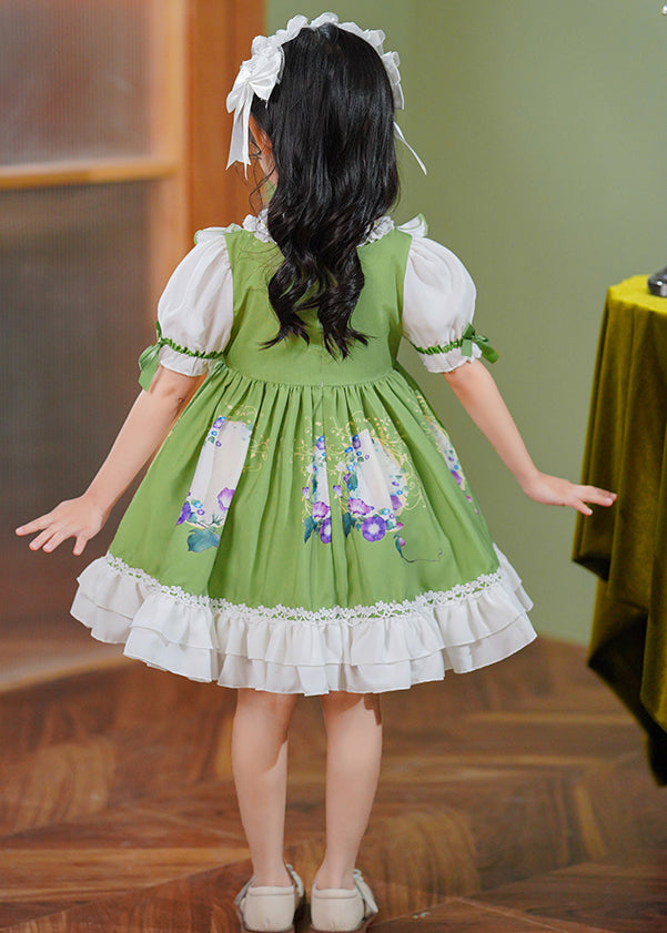 Art Green Ruffled Patchwork Bow Cotton Baby Maxi Dresses Summer
