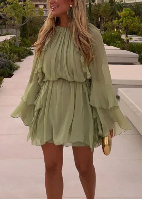 Art Green Ruffled Chiffon Mini Dress Fall
