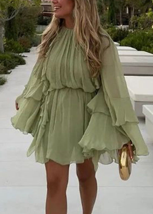 Art Green Ruffled Chiffon Mini Dress Fall