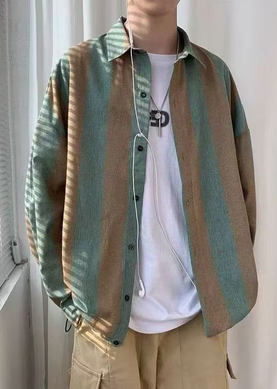Art Green Striped Button Cotton Men Shirts Peter Pan Collar Spring