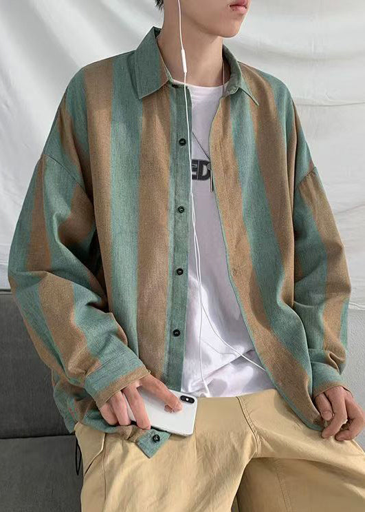 Art Green Striped Button Cotton Shirts Peter Pan Collar Spring