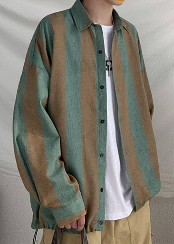 Art Green Striped Button Cotton Shirts Peter Pan Collar Spring