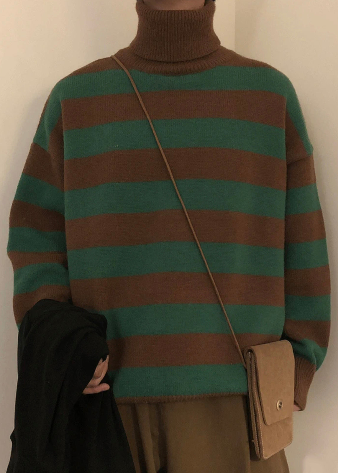 Art Green Striped Turtleneck Knit Sweaters Winter