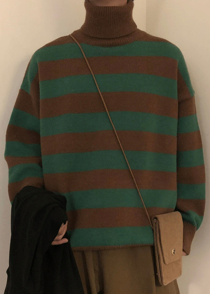 Art Green Striped Turtleneck Knit Sweaters Winter