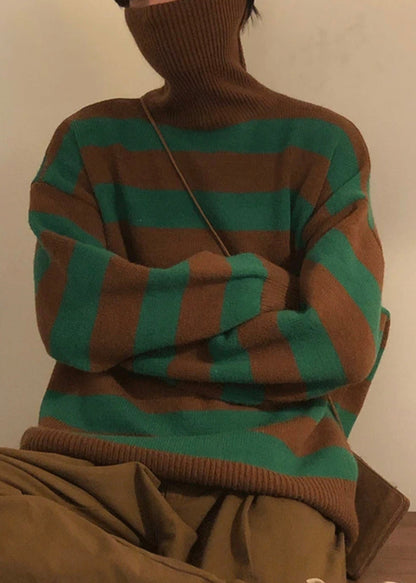 Art Green Striped Turtleneck Knit Sweaters Winter