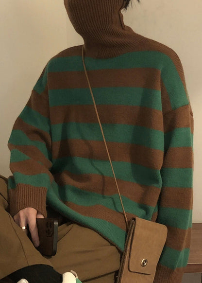 Art Green Striped Turtleneck Knit Sweaters Winter