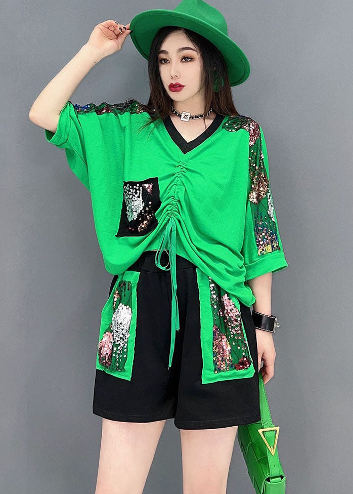 Art Green V Neck Drawstring Patchwork Print Cotton Tanks and Shorts Two Piece Set Summer