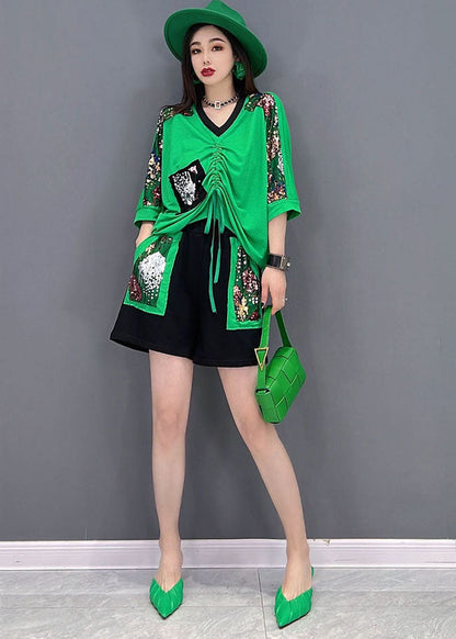 Art Green V Neck Drawstring Patchwork Print Cotton Tanks and Shorts Two Piece Set Summer