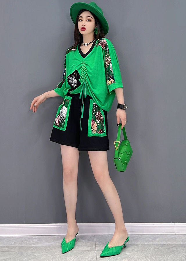 Art Green V Neck Drawstring Patchwork Print Cotton Tanks and Shorts Two Piece Set Summer