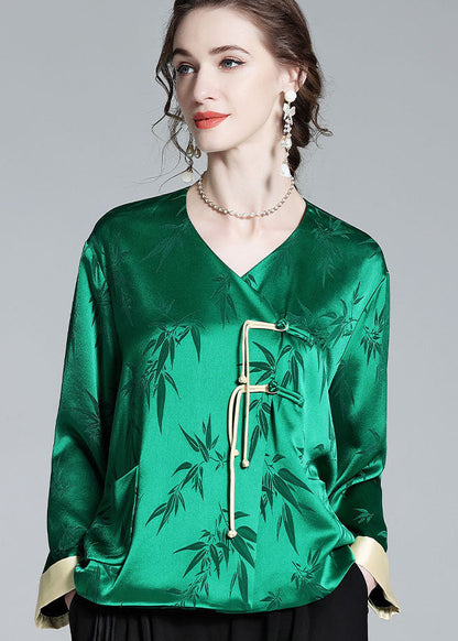 Art Green V Neck Tasseled Jacquard Patchwork Silk Tops Spring