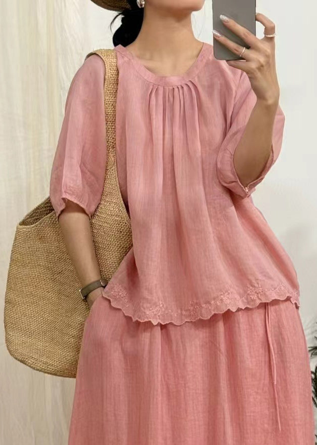 Art Green Wrinkled Lace Linen Blouse Half Sleeve