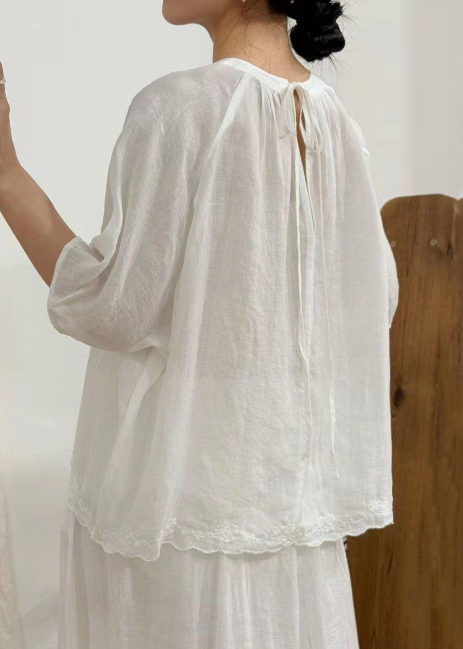 Art Green Wrinkled Lace Linen Blouse Half Sleeve