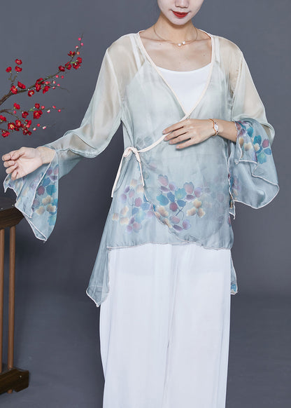 Art Grey Blue Print Lace Up Chiffon UPF 50+ Top Flare Sleeve