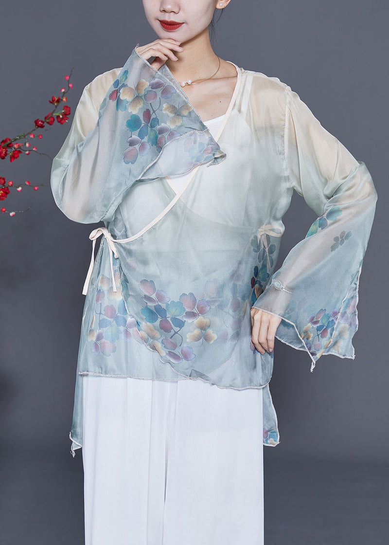 Art Grey Blue Print Lace Up Chiffon Upf 50+ Top Flare Sleeve