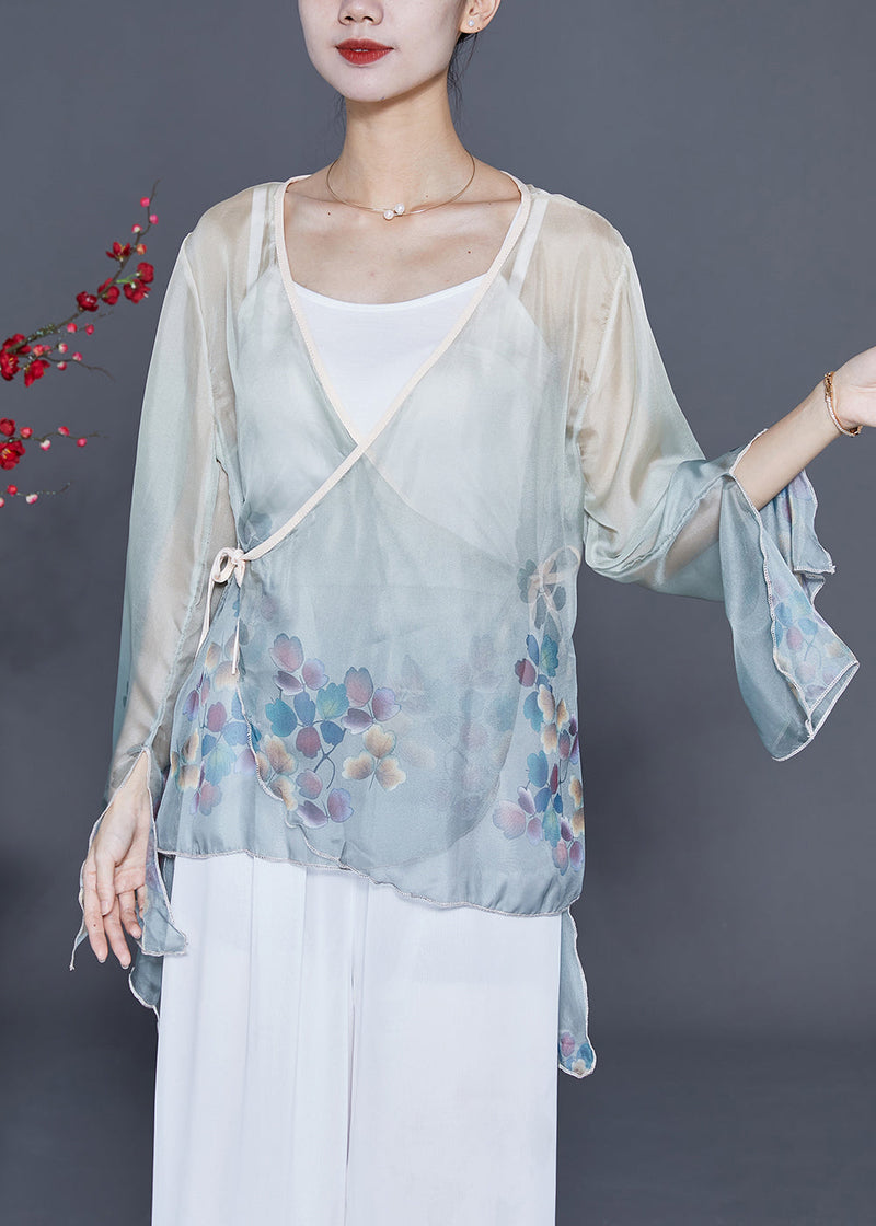 Art Grey Blue Print Lace Up Chiffon Upf 50+ Top Flare Sleeve
