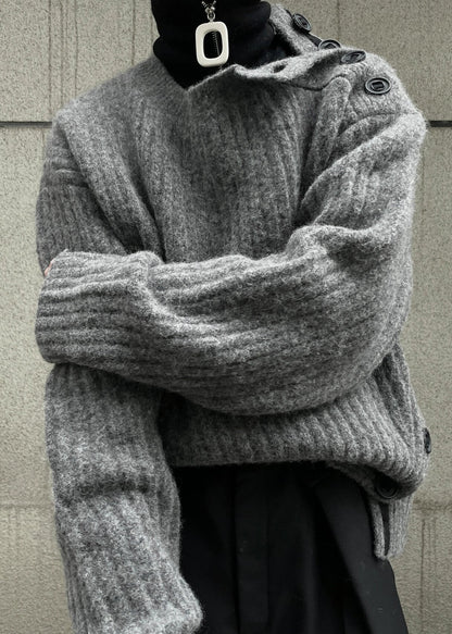Art Grey Button Thick Cotton Knit Sweaters Spring