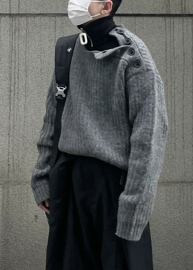 Art Grey Button Thick Cotton Knit Sweaters Spring