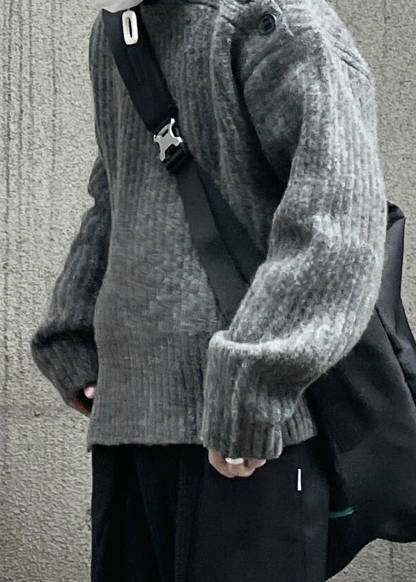 Art Grey Button Thick Cotton Knit Sweaters Spring