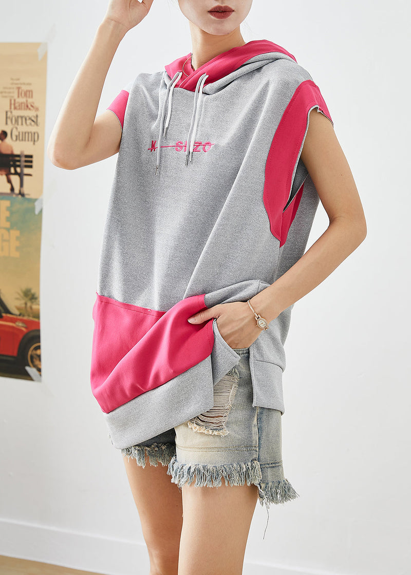 Art Grey Hooded Patchwork Pockets Cotton Pullover Summer