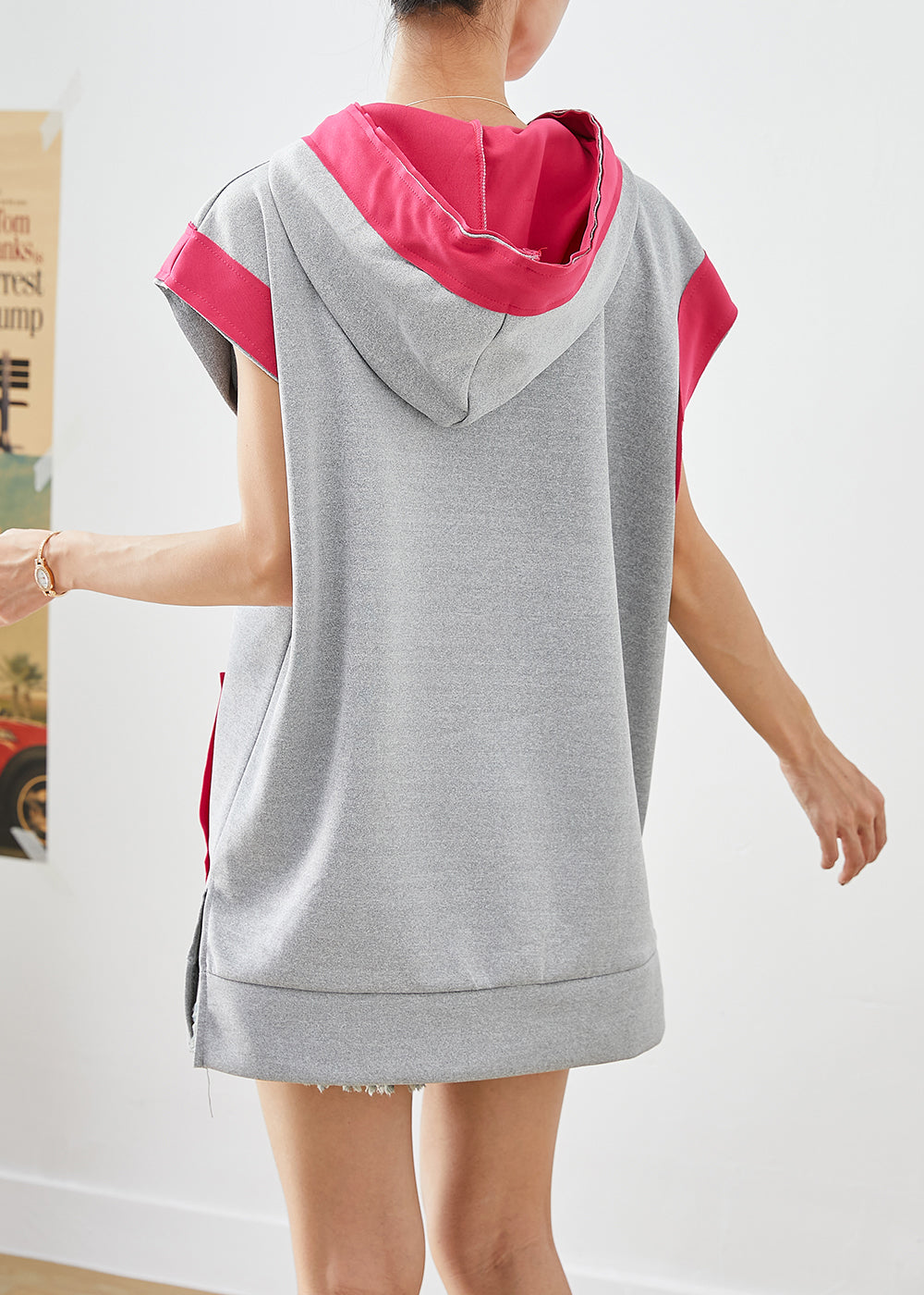 Art Grey Hooded Patchwork Pockets Cotton Pullover Summer
