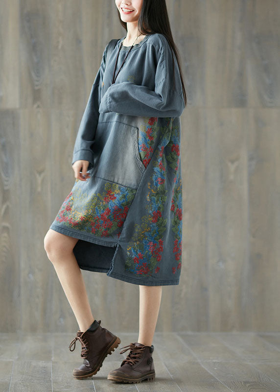 Art Grey O-neck Asymmetrical Pullover Dresses Spring