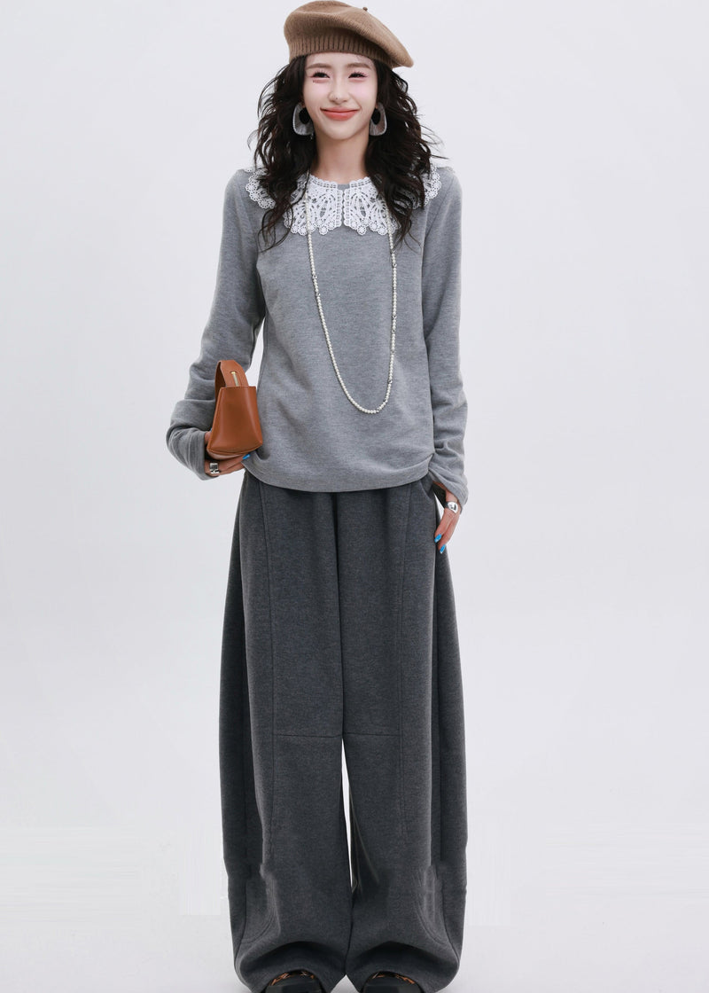Art Grey O-neck Patchwork Lace Cotton Shirt Spring