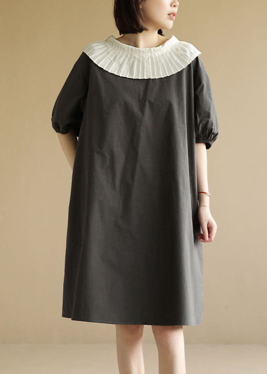 Art Grey O-neck Patchwork Oversized a Line Dress Short Sleeve