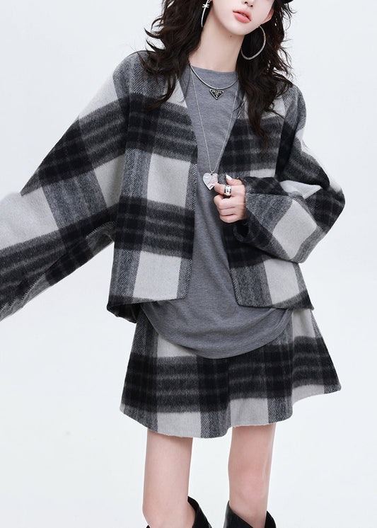 Art Grey Oversized Plaid Woolen Coats and Skirts Two Pieces Set Spring