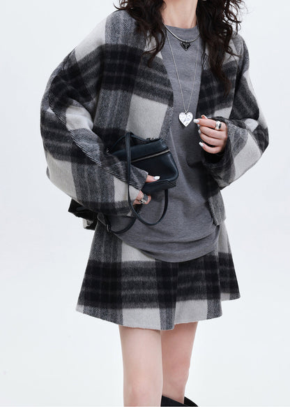 Art Grey Oversized Plaid Woolen Coats and Skirts Two Pieces Set Spring