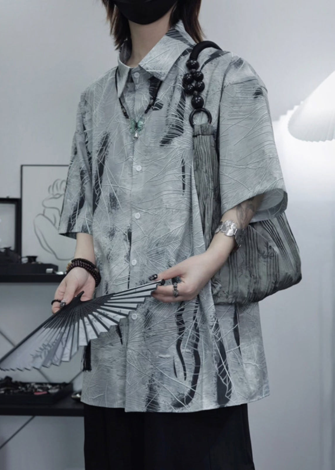 Art Grey Peter Pan Collar Print Cotton Shirt Summer